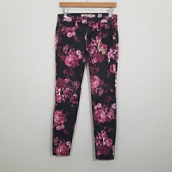 NWT Sneak Peek Floral Skinny Floral Jeans Stretch Black and Pink Pants Size 7 - Picture 1 of 6